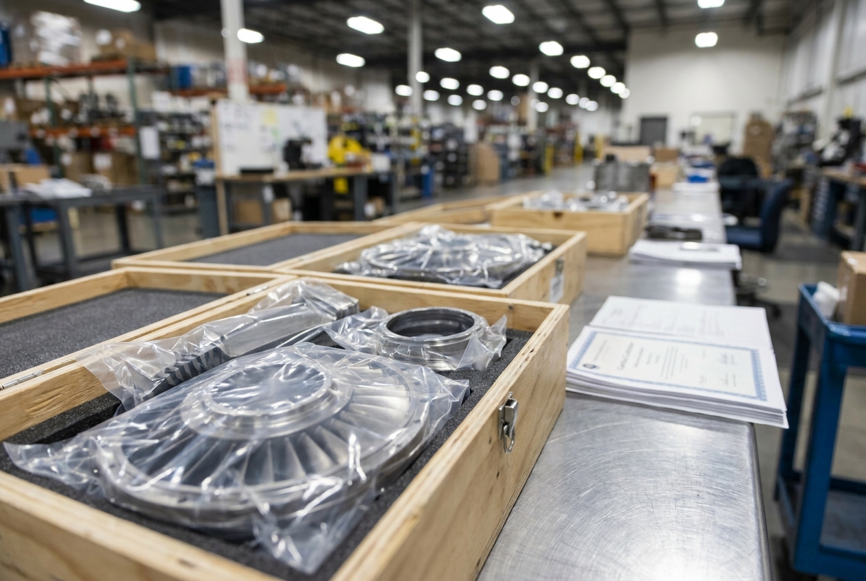 Aircraft turbine engine parts in protective packaging with certificate paperwork on a warehouse workbench