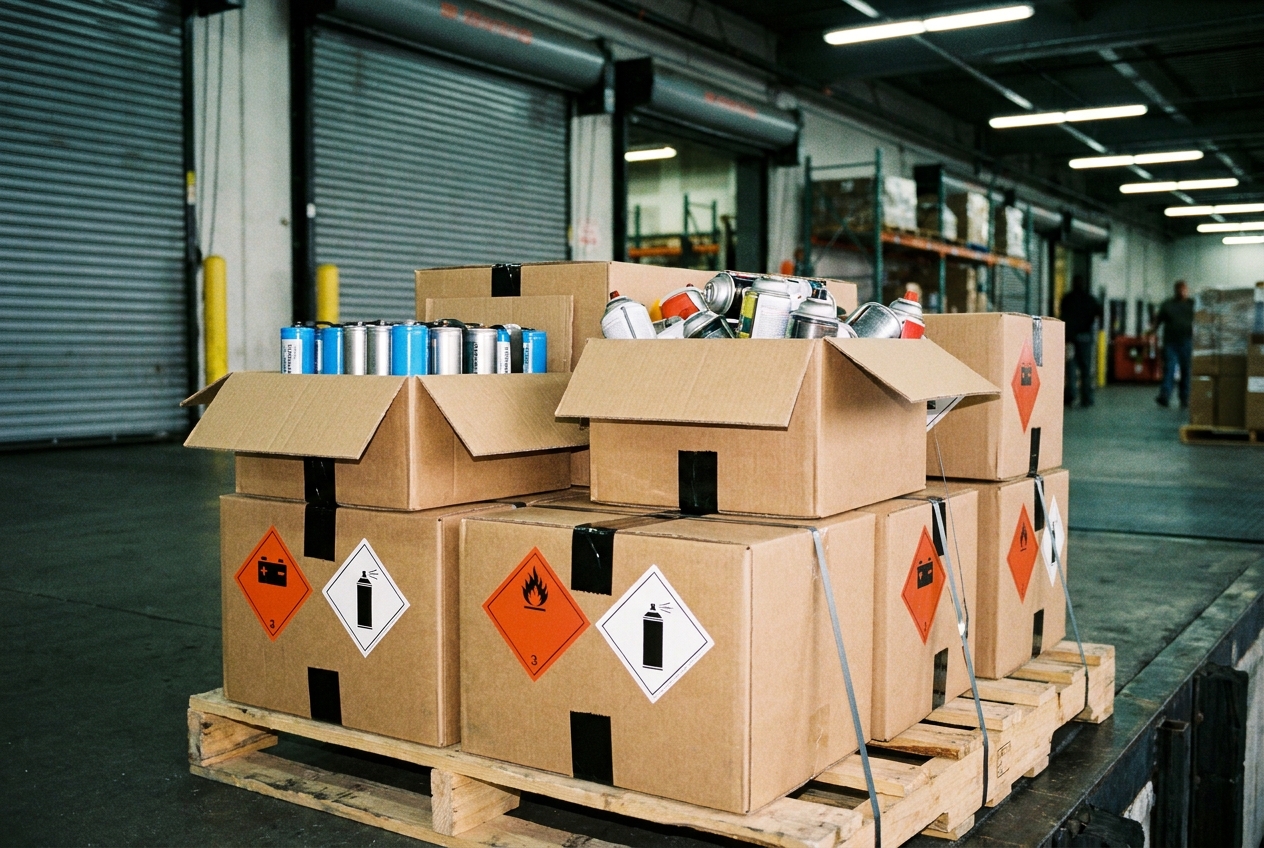 Lithium battery packs and aerosol canisters in hazmat-labeled UN-approved boxes staged on a pallet for air freight