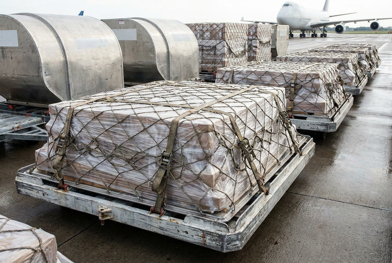 Palletized air cargo wrapped and strapped on aluminum aircraft ULD containers on an airport tarmac beside a widebody freighter