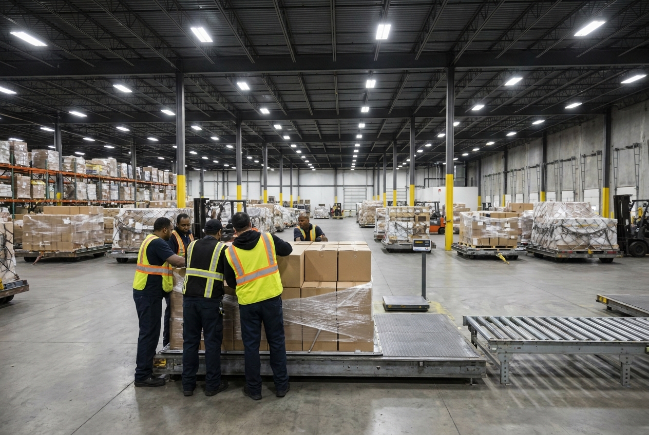 Workers building up a shipment onto an aircraft pallet under stretch wrap inside an air cargo terminal near a scale and rows of freight