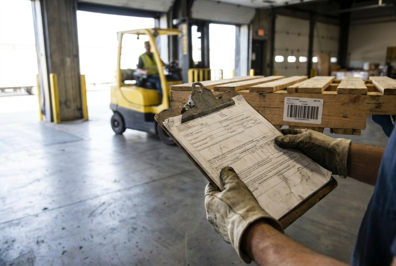 A dock worker holding a clipboard with a paper bill of lading beside a loaded pallet at an LTL freight dock