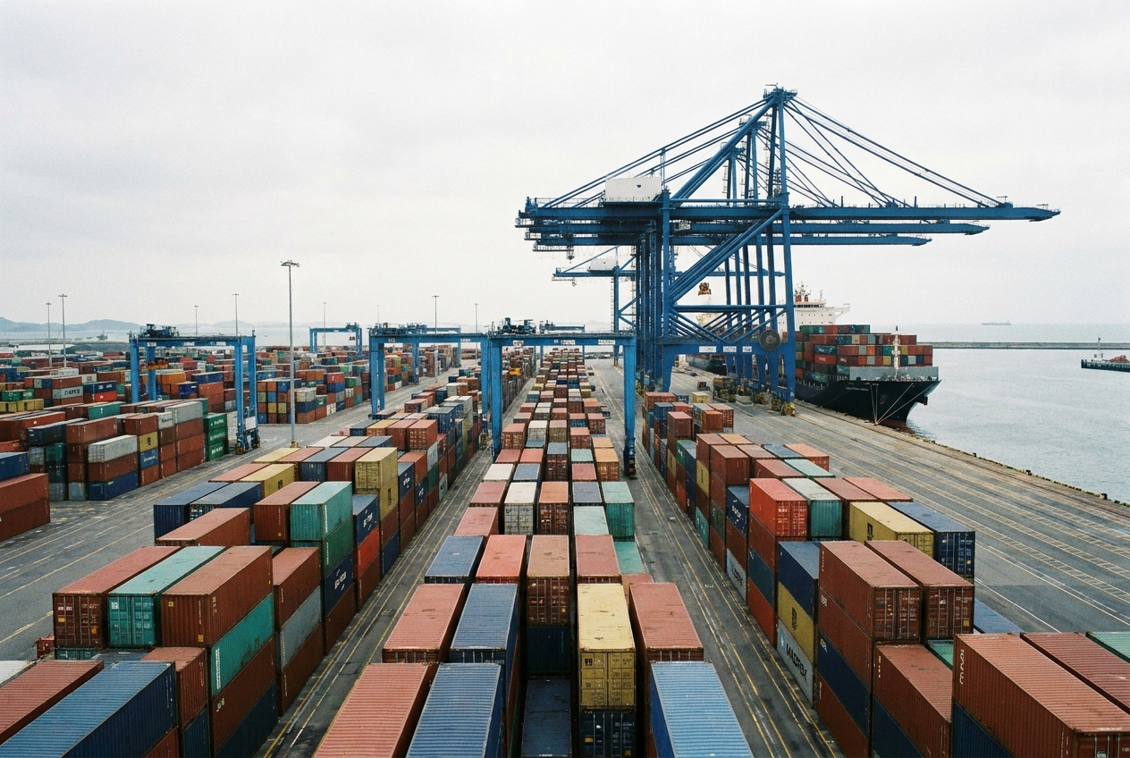 Stacked shipping containers at an ocean port terminal under a gantry crane, representing ocean bills of lading
