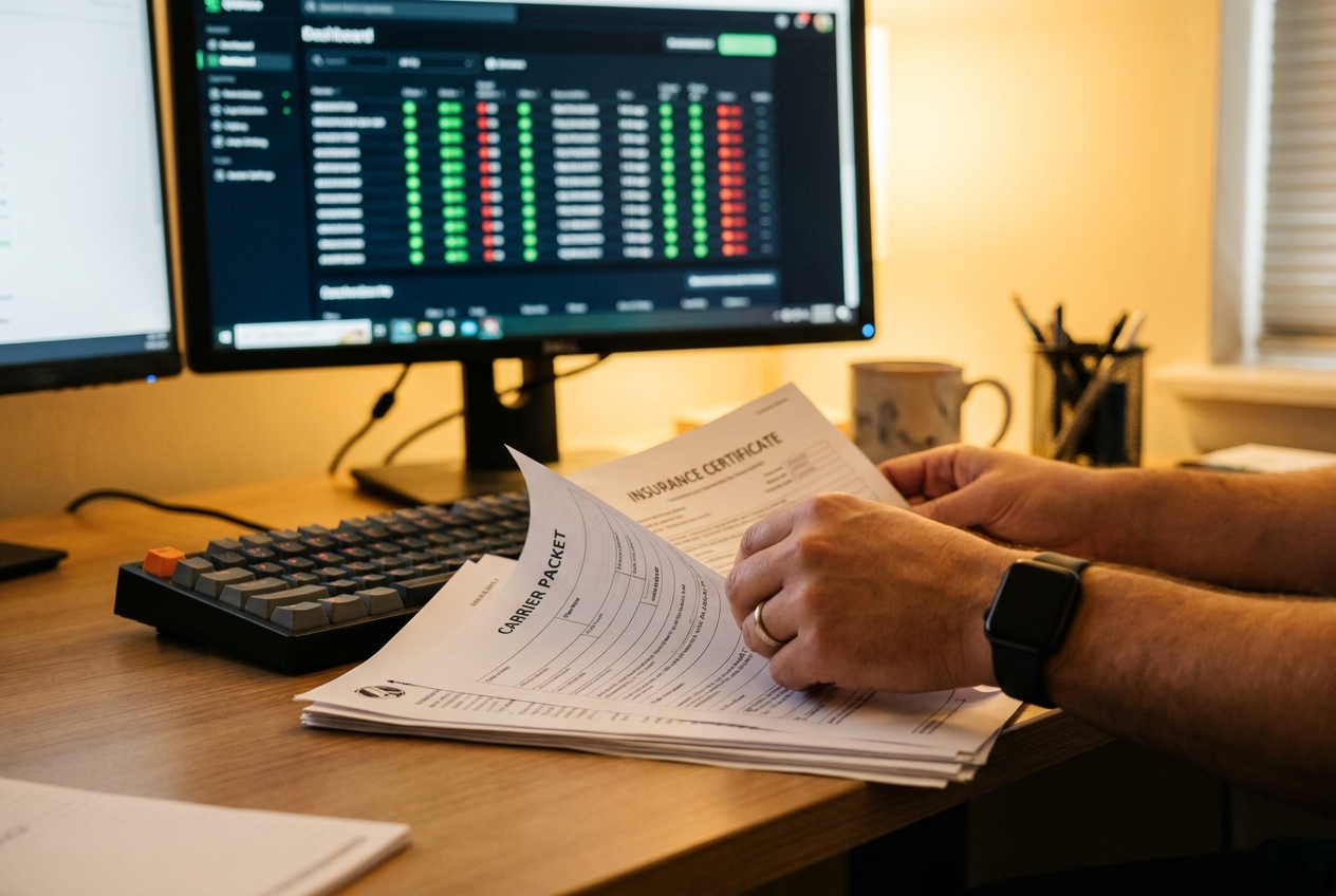 Logistics coordinator at a desk reviewing a motor carrier's operating authority and insurance details on a monitor