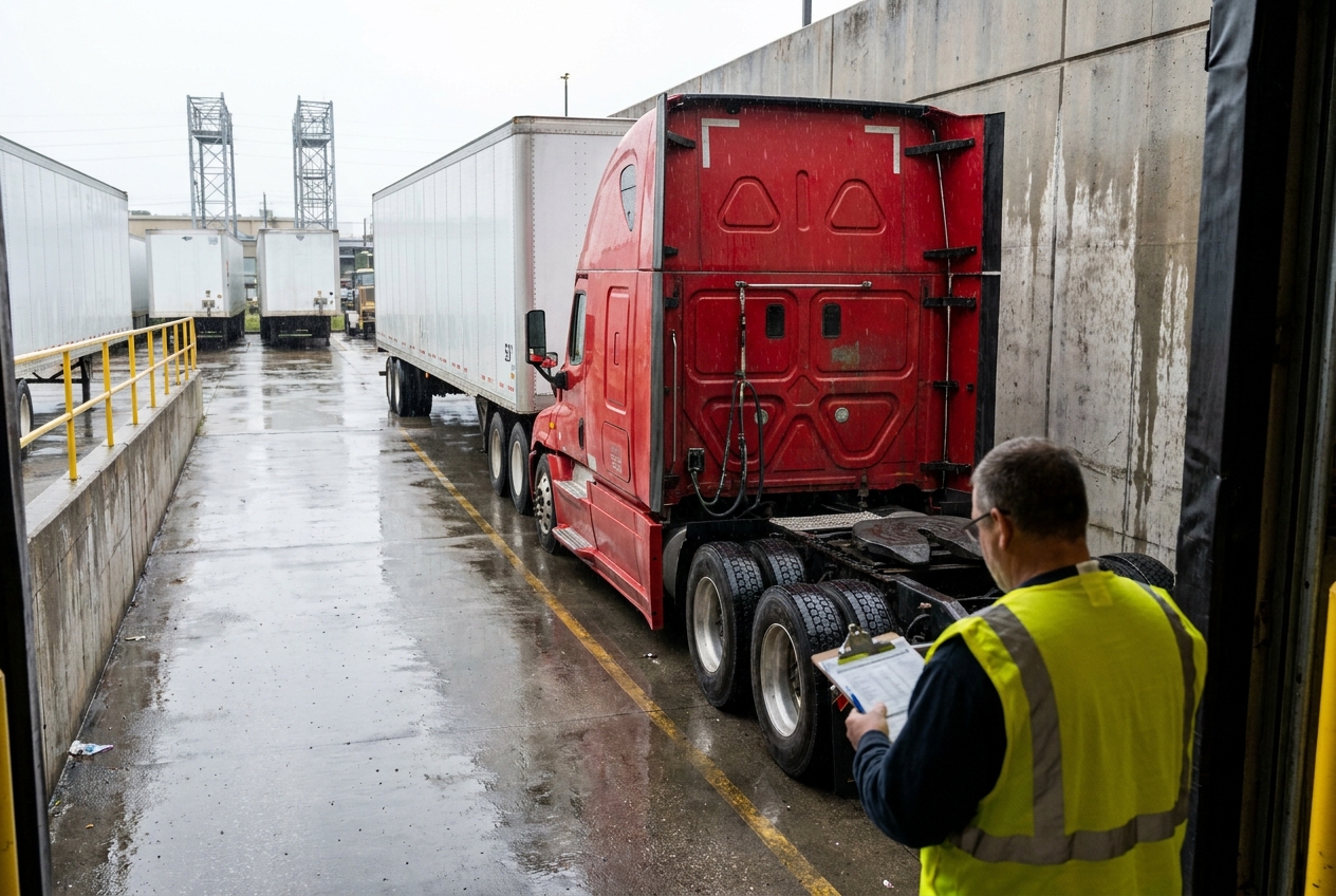 Semi-truck arriving at a warehouse loading dock as a dock worker checks the driver and tractor against the booking paperwork