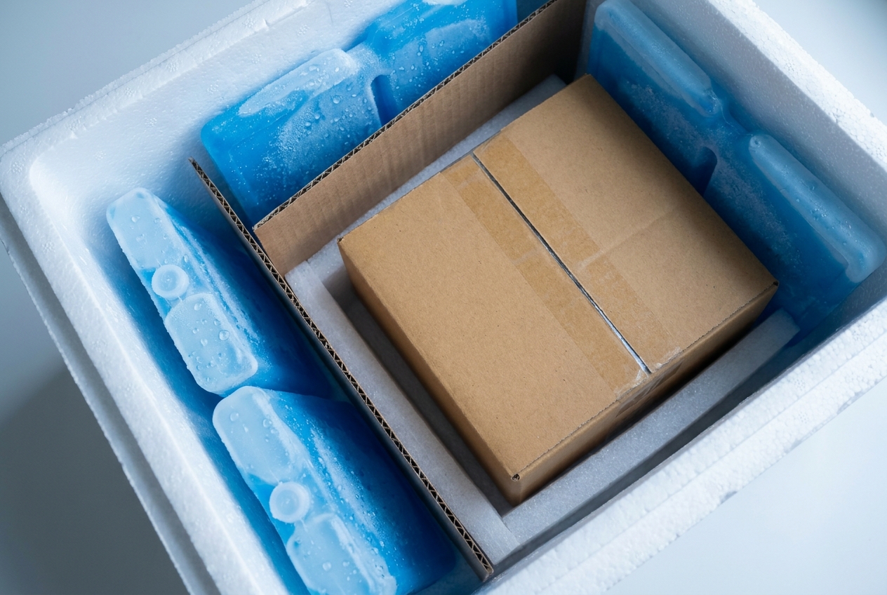 Insulated cold chain shipping box packed with gel packs around a product in the payload cavity