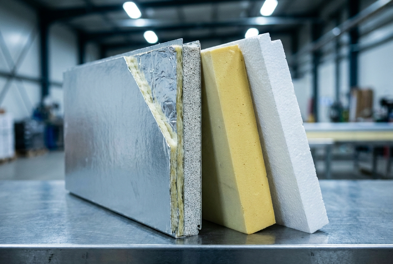 Vacuum-insulated panel walls and polyurethane foam shipper components staged on a cold storage packing bench