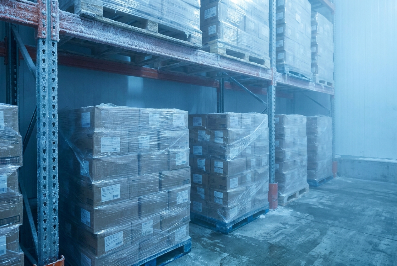 Palletized frozen goods stacked on racking inside a refrigerated cold-storage warehouse with frost on the shelving