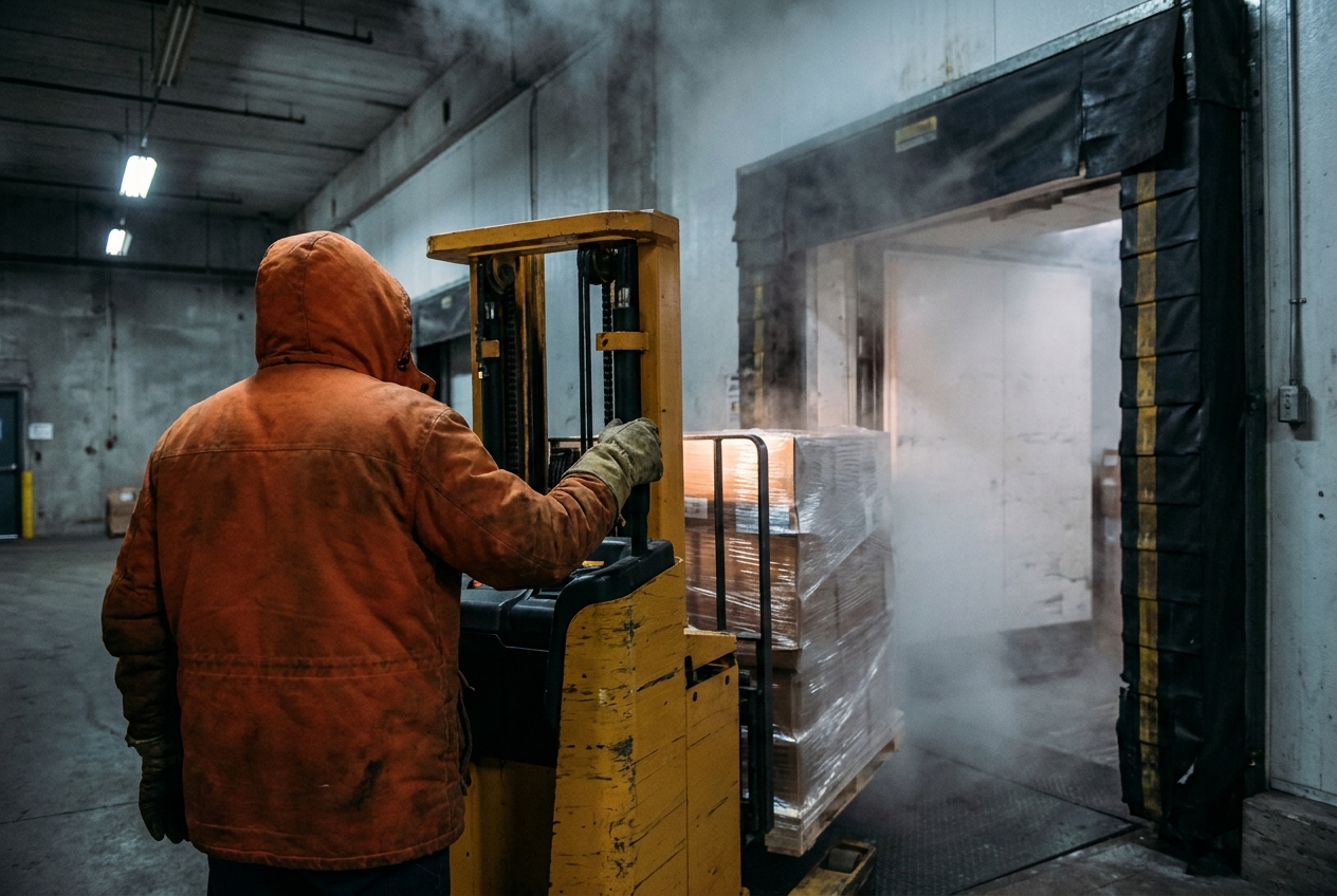 Worker in insulated clothing operating a forklift to move a pallet through a refrigerated warehouse loading dock