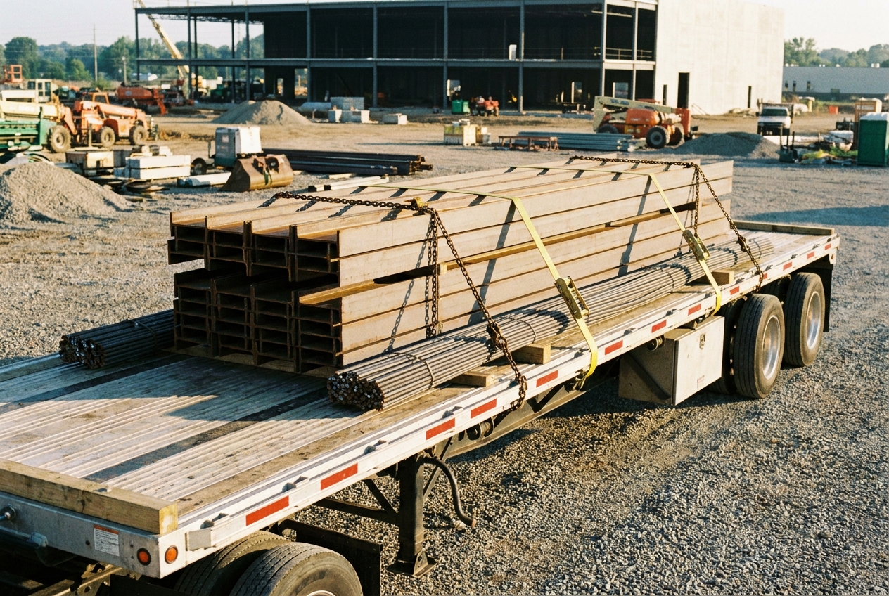 Flatbed trailer loaded with bundled steel beams secured by chains and straps parked at a construction jobsite