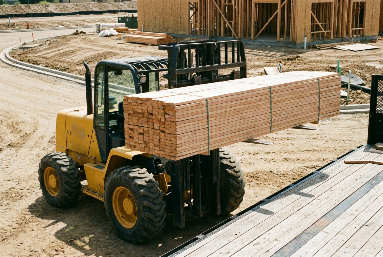 Rough-terrain forklift lifting a bundle of lumber off a flatbed trailer on unpaved ground at an active construction site