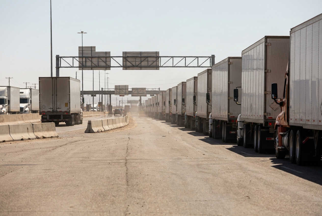 Line of freight trucks queued at a US-Mexico commercial border crossing waiting for customs clearance
