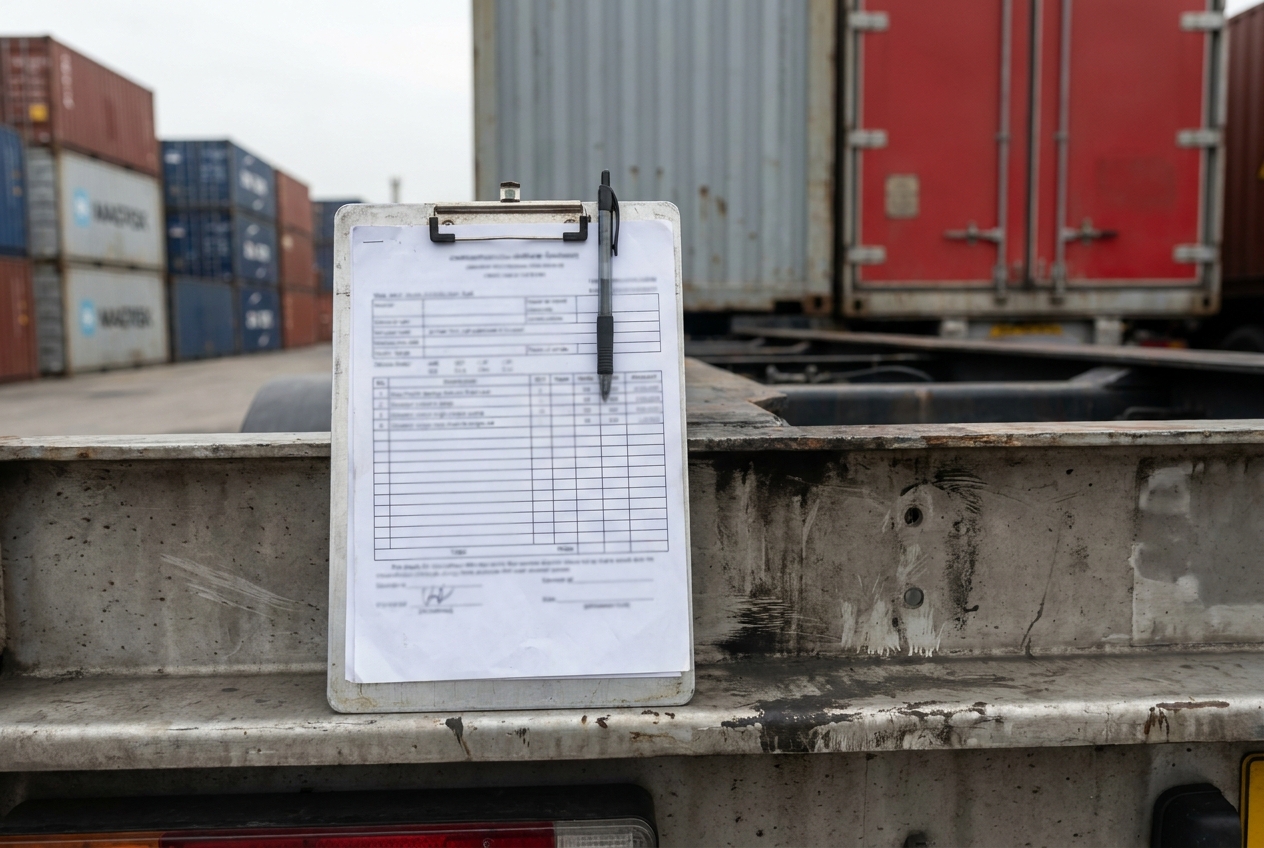 Customs paperwork including a commercial invoice and packing list on a clipboard beside a loaded freight trailer