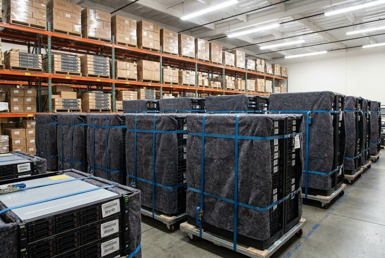 Populated server racks wrapped in protective blankets and strapped to air-ride pallets inside a staging warehouse