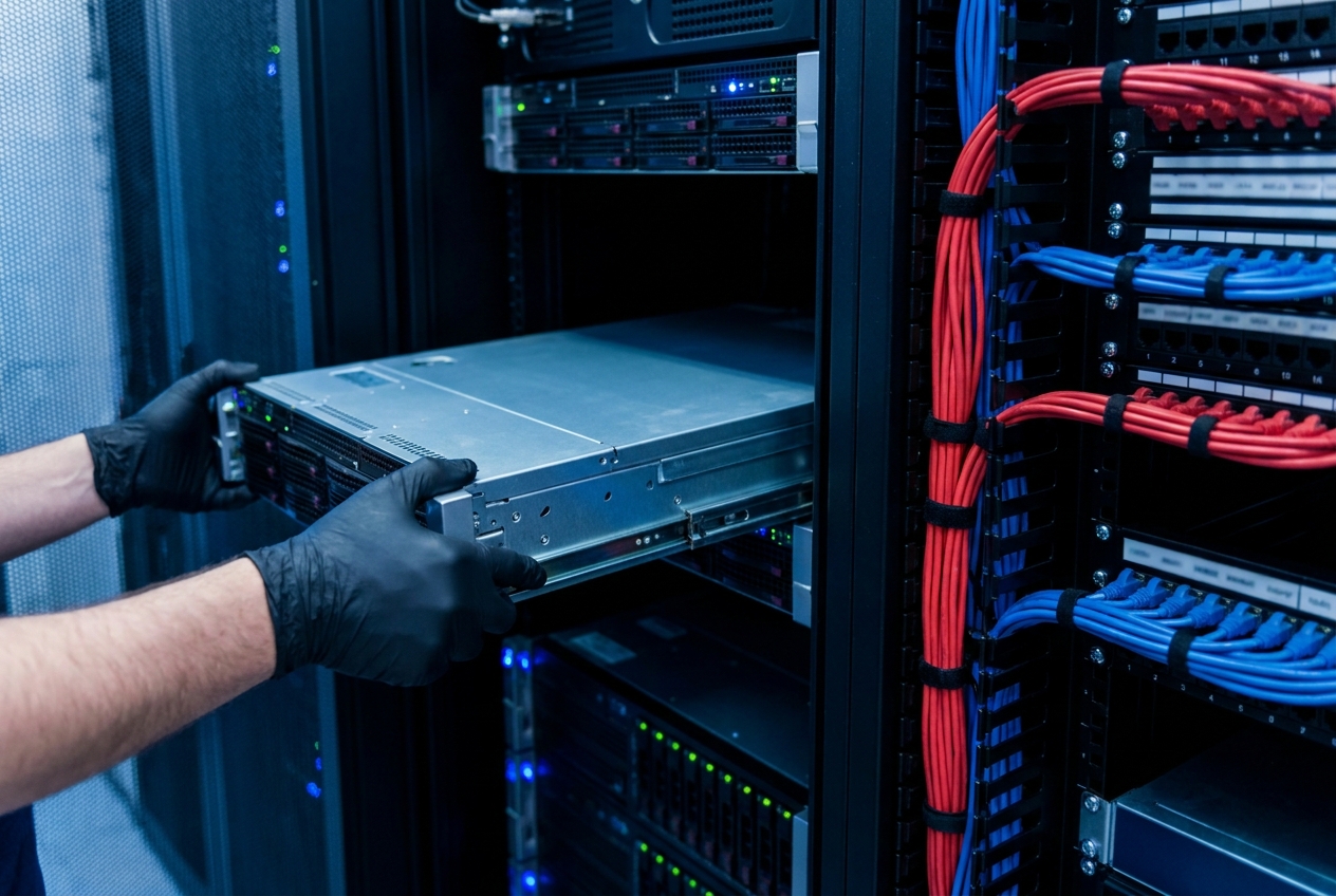 Technician mounting rack-mount servers into a data center cabinet and dressing network cables to a labeled layout