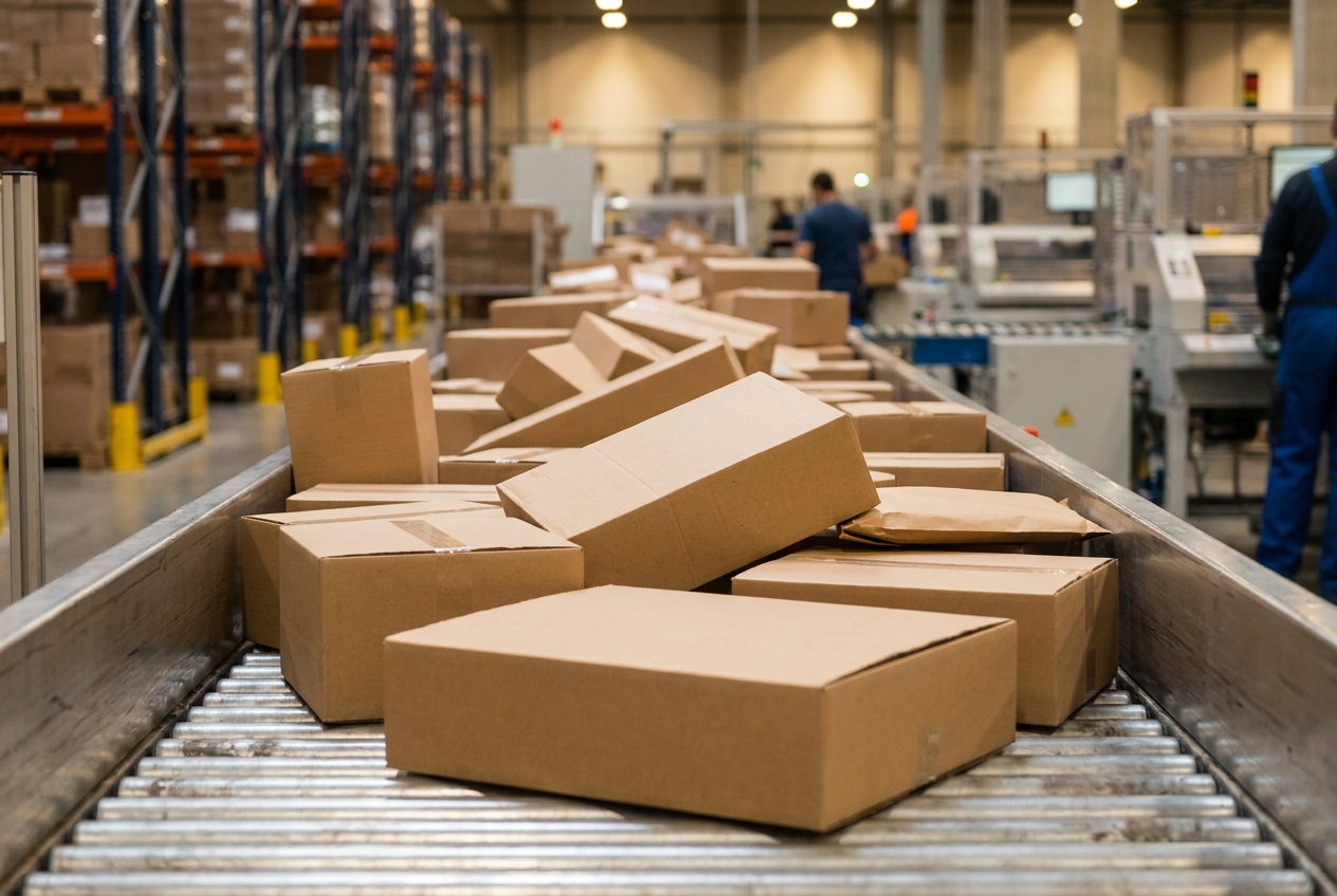 Stacks of small cardboard ecommerce parcels on a conveyor at an international air cargo sorting facility