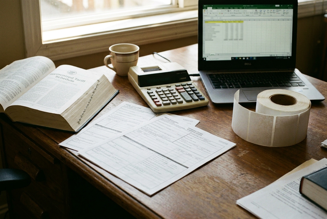 Customs paperwork, a calculator, and a laptop on a desk in a freight forwarding office