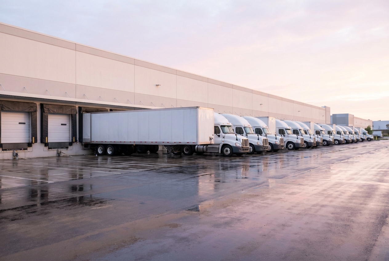 A row of dedicated freight tractor-trailers parked at a distribution center loading dock in early morning light