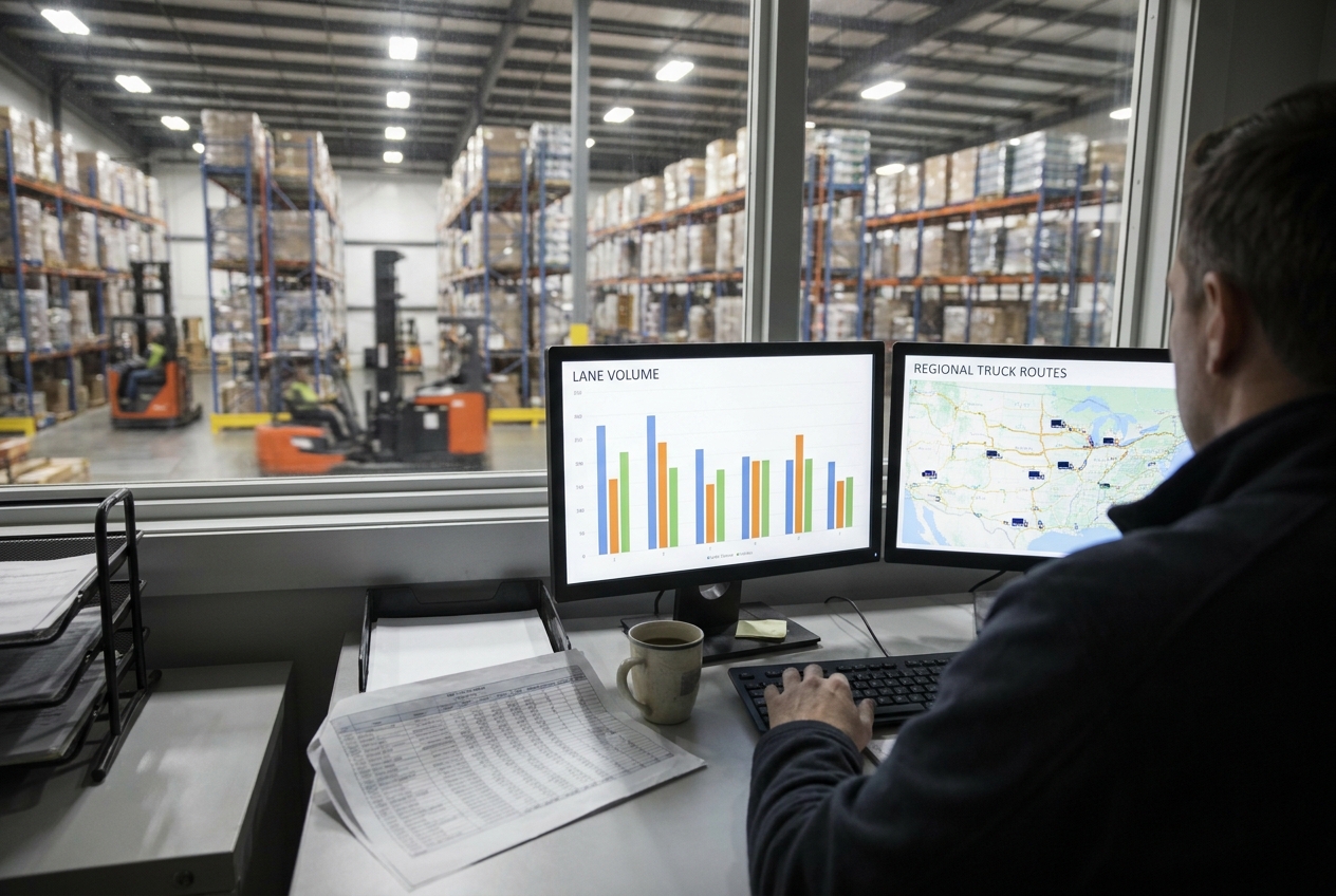 A logistics manager reviewing lane volume charts and a truck route map on a warehouse office monitor