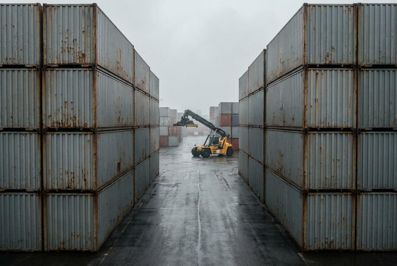 Rows of stacked ocean shipping containers waiting inside a port terminal yard past their free time