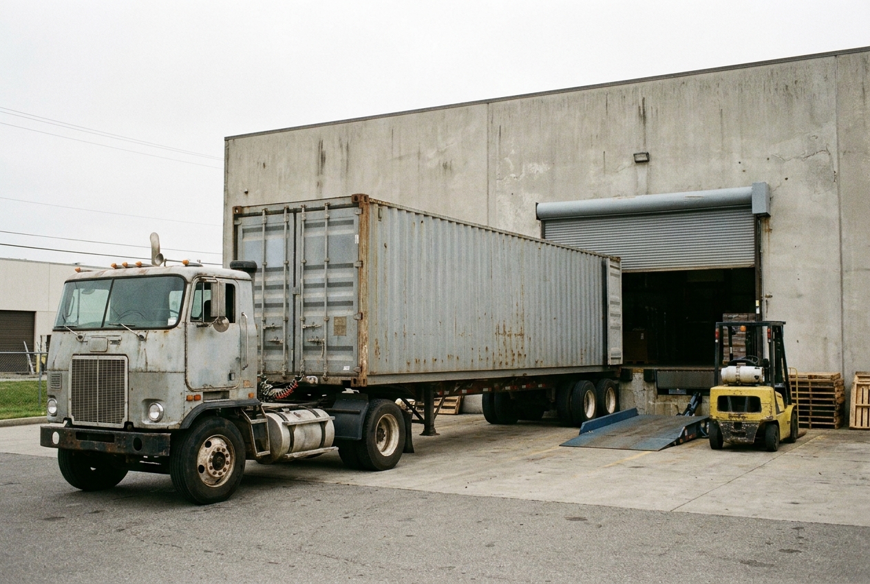 A drayage truck with a container chassis waiting at a warehouse loading dock to be unloaded