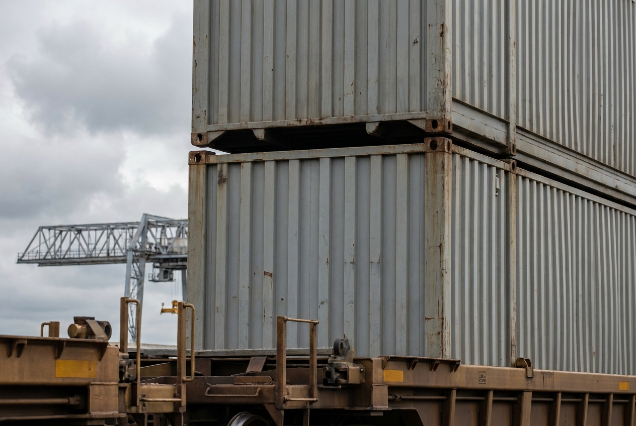 A double-stacked 53-foot domestic intermodal container on a rail well car at an inland terminal
