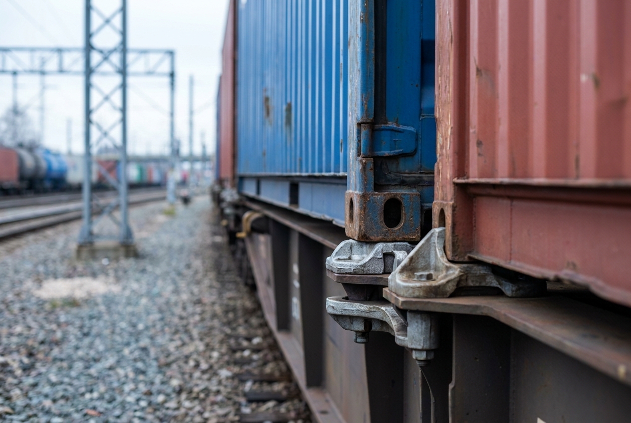 Two stacked freight containers secured in a rail well car showing the container-on-flatcar loading method