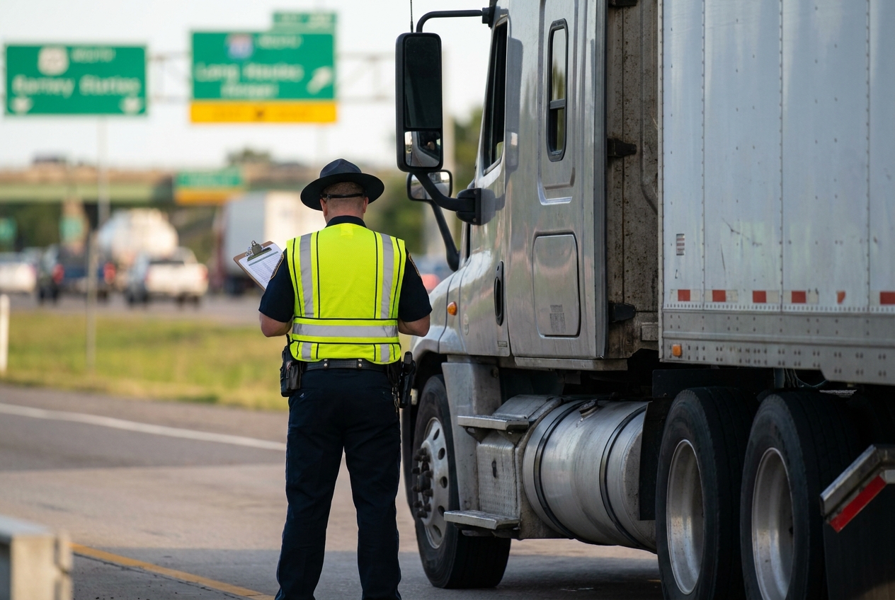State commercial vehicle enforcement officer conducting a roadside inspection of a long-haul tractor-trailer at a highway weigh station