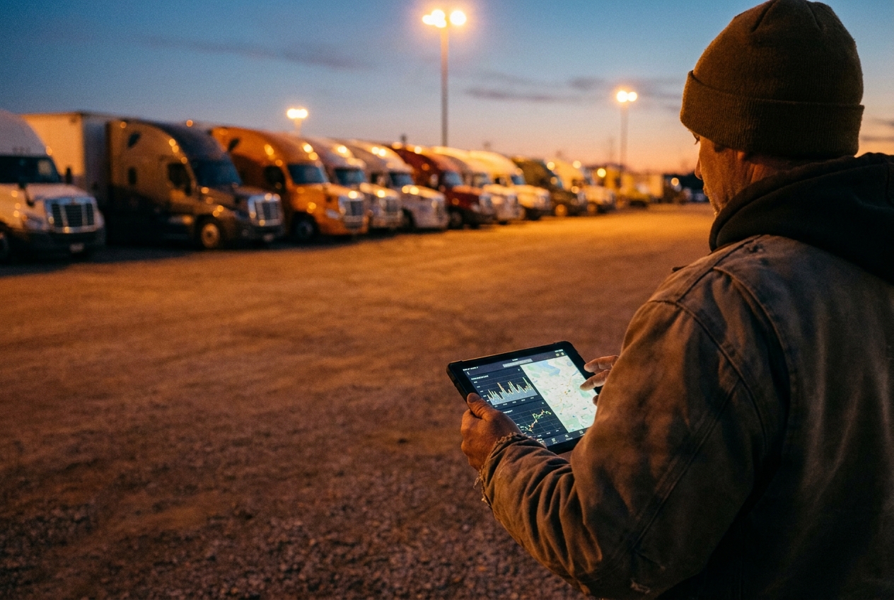 Line of long-haul tractor-trailers parked at a truck stop at dusk with a shipper reviewing carrier compliance records on a tablet