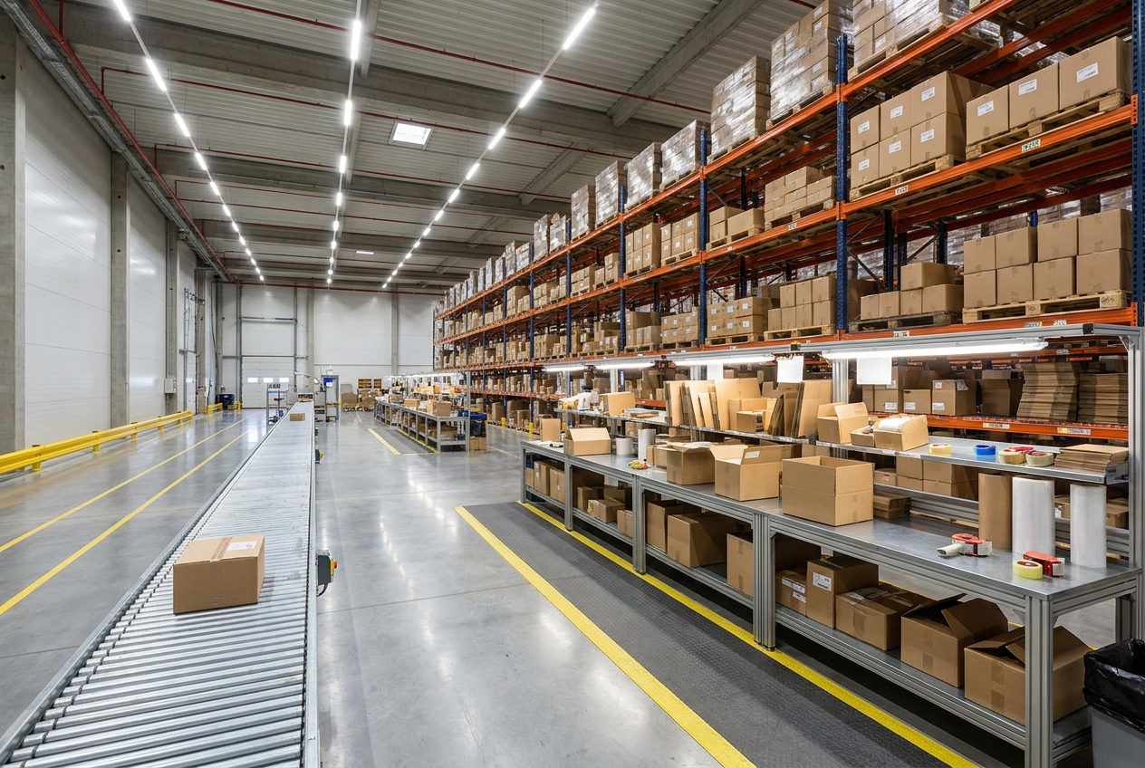 Split warehouse scene with an empty pass-through dropship lane on one side and stacked pallet racks feeding a pick-and-pack line on the other