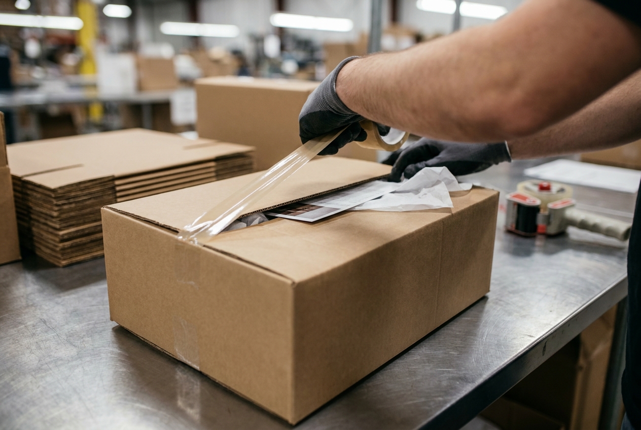 Worker sealing a branded shipping box with a printed insert card and tissue paper at a 3PL pack station