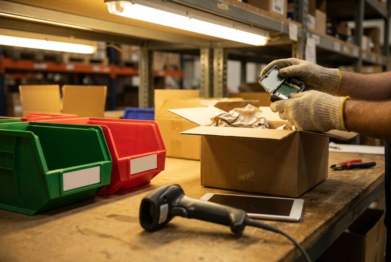 Warehouse returns processing station with a worker inspecting a returned parcel next to bins labeled restock and refurbish