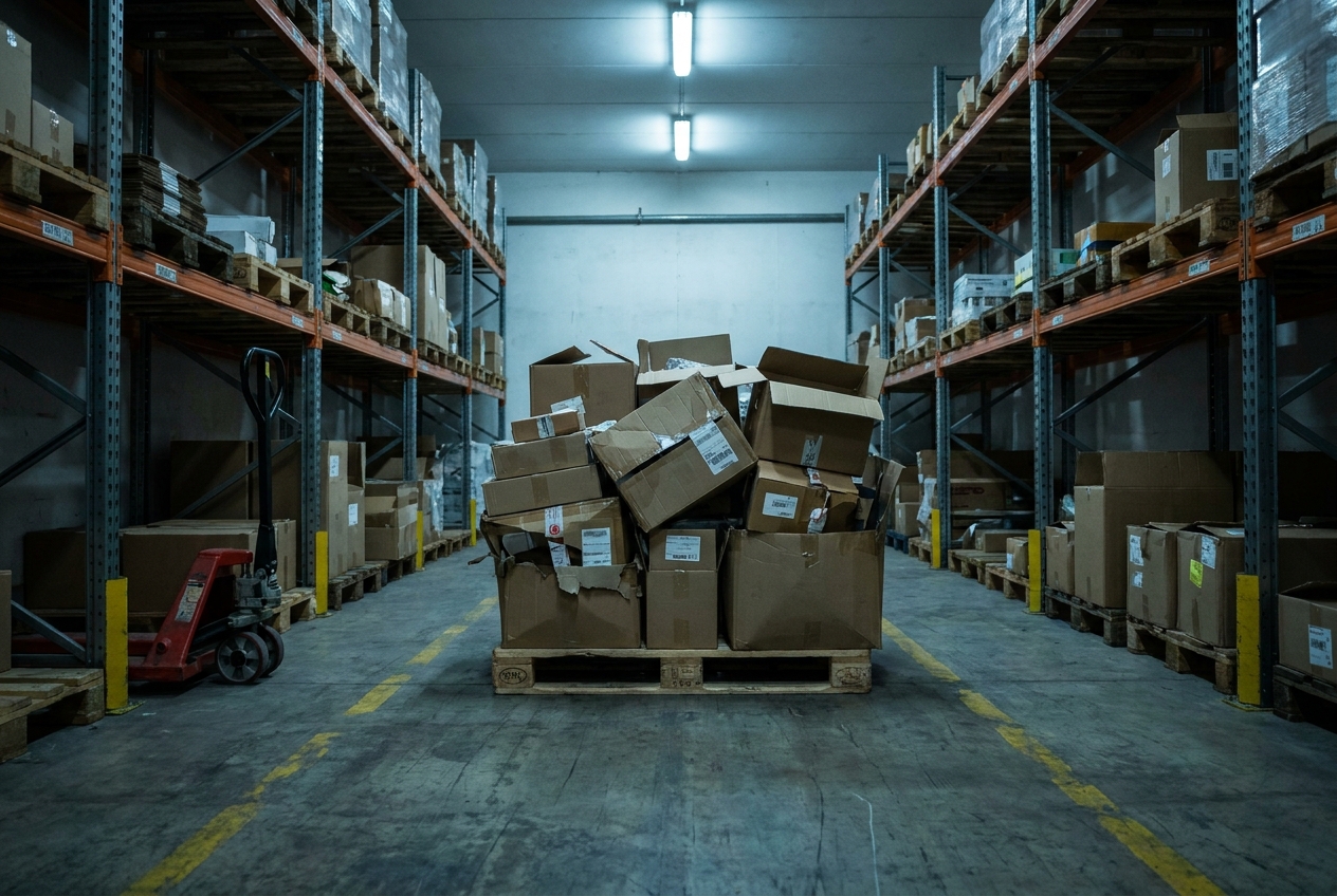 Pallet of returned open-box parcels staged in a warehouse aisle awaiting inspection and grading