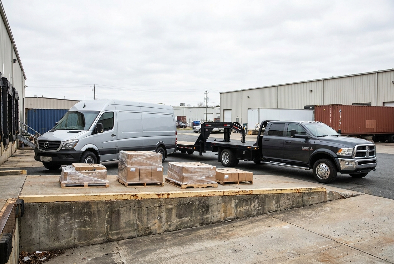 A cargo sprinter van and a medium-duty flatbed hot shot truck parked at a loading dock ready for an expedited pickup