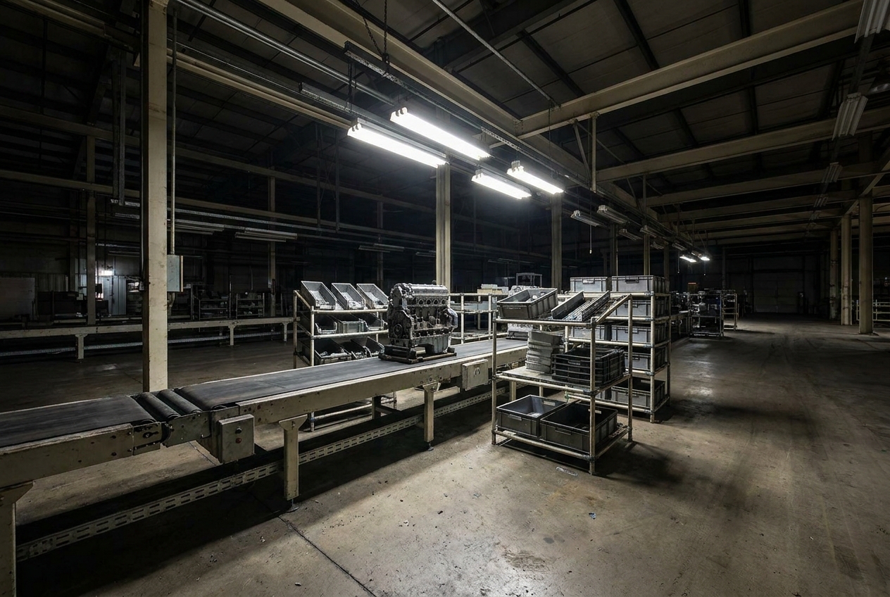 An idle factory assembly line with a stopped conveyor and empty parts bins during a line-down event