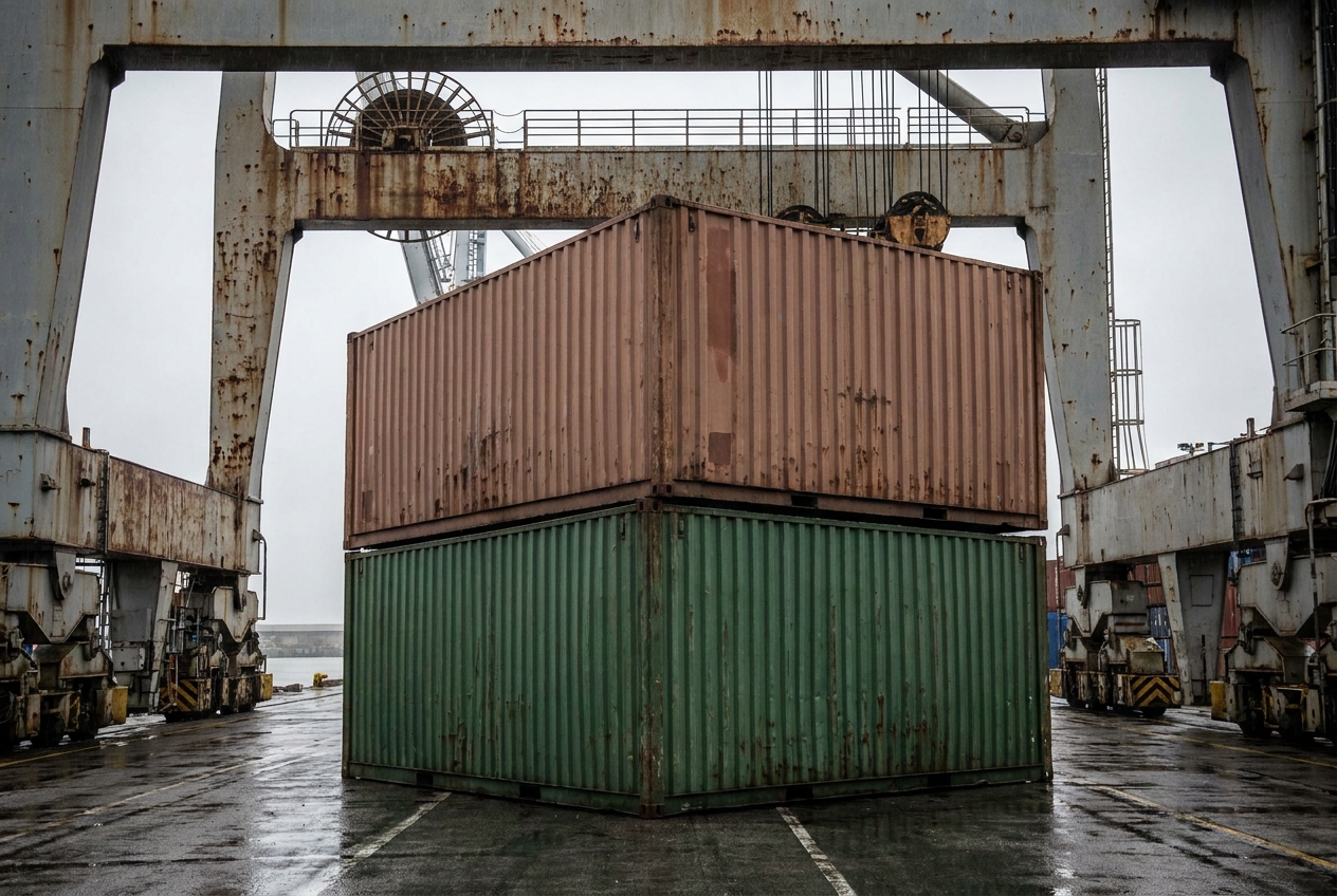 Two 40-foot steel ocean containers stacked at a port terminal with a gantry crane overhead