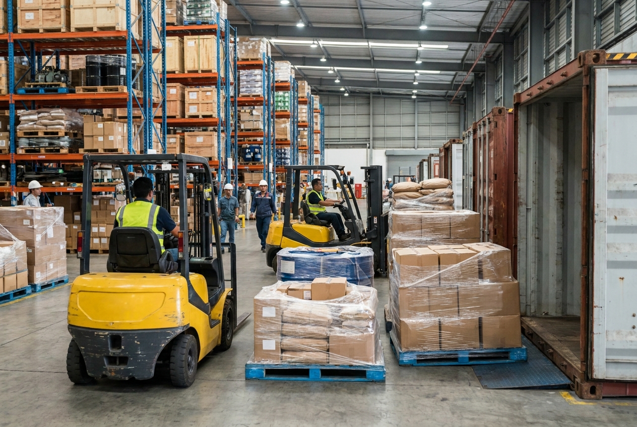 Warehouse workers on forklifts consolidating shrink-wrapped pallets from multiple shipments inside a container freight station