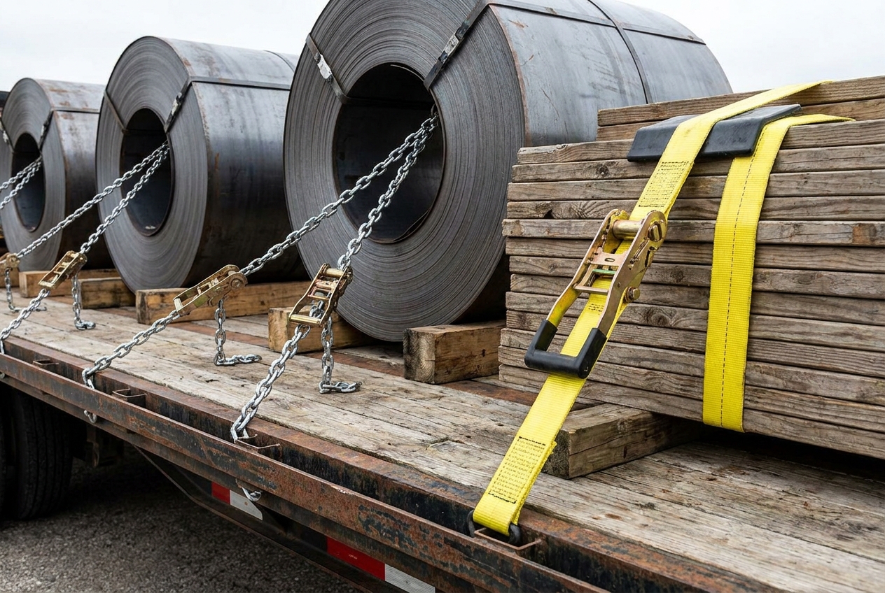 Ratchet straps and chains securing steel coils and a stack of lumber on an open flatbed trailer deck