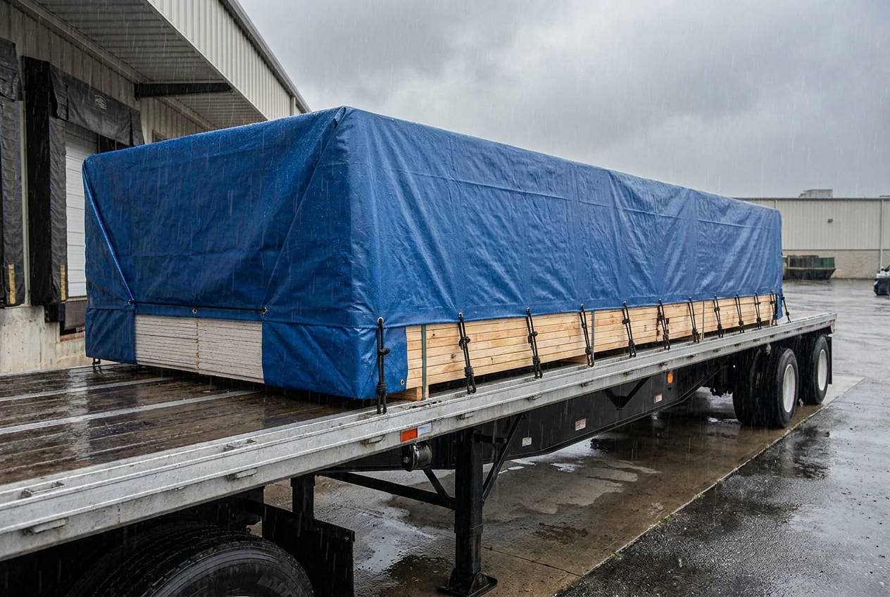 A blue waterproof tarp bungeed over a stack of lumber and drywall on a flatbed trailer at a loading dock