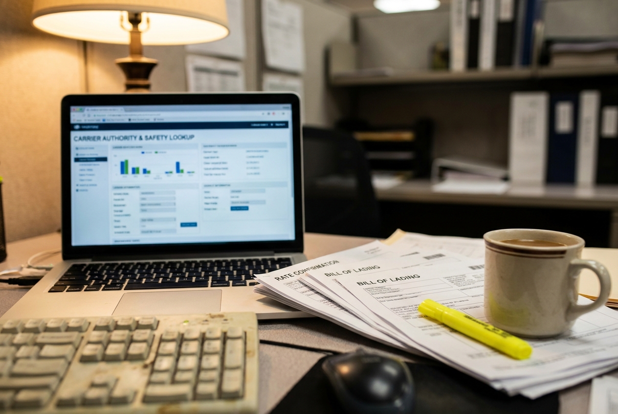 Freight broker reviewing carrier authority and load documents at a logistics office desk with a laptop and printed rate confirmations