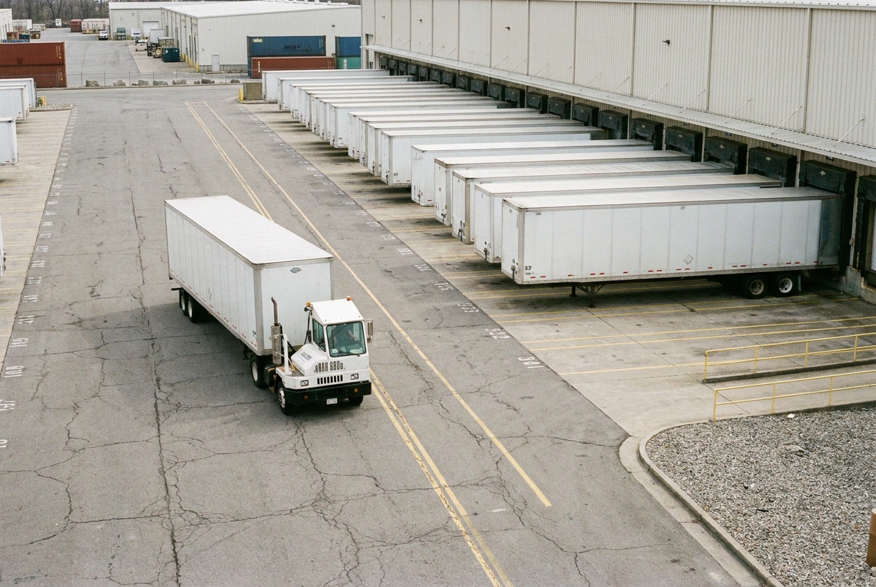 Row of 53-foot dry-van trailers backed into dock doors at a truck terminal with a yard hostler moving a trailer