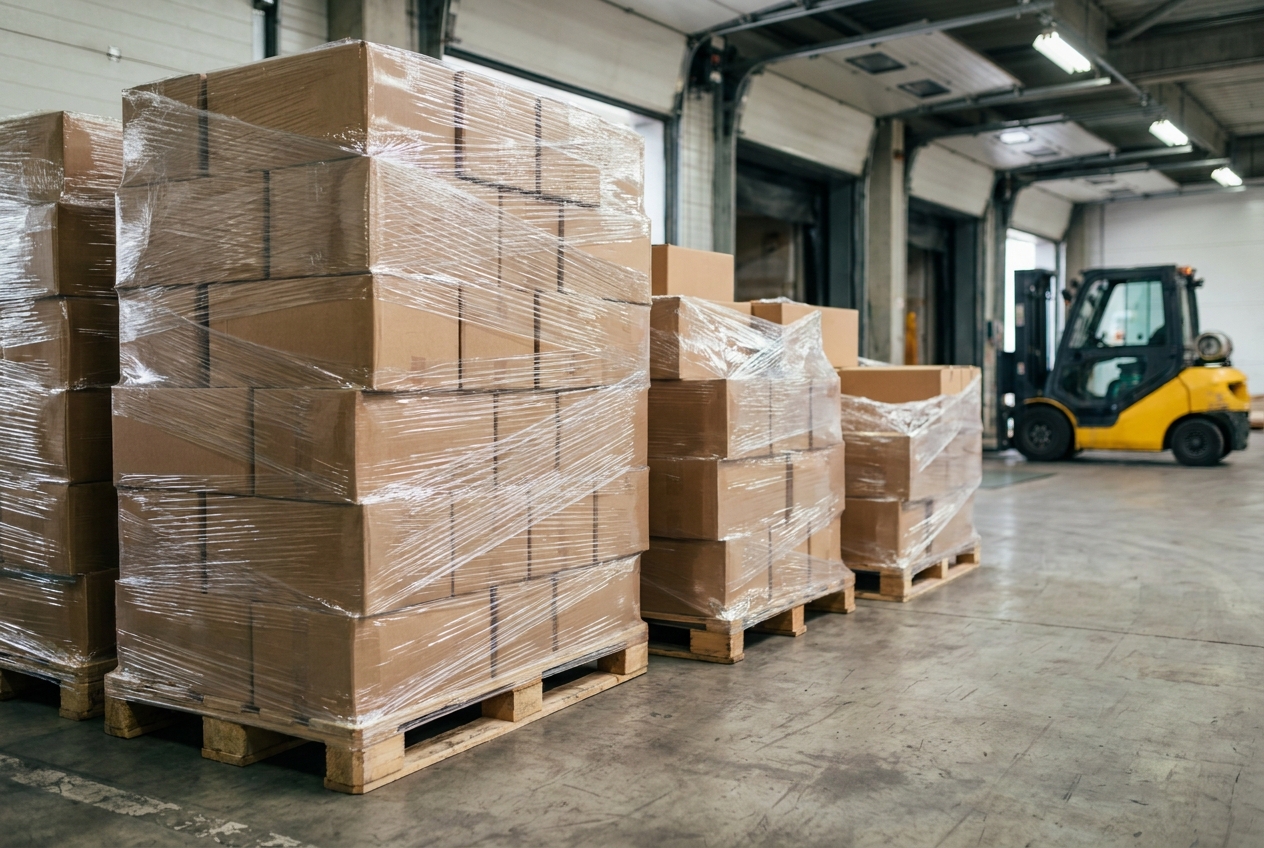 Palletized boxes wrapped in stretch film staged in an LTL freight terminal ready for classification