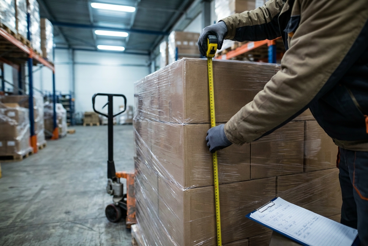 Warehouse worker measuring a shrink-wrapped pallet with a tape measure to determine freight density and class