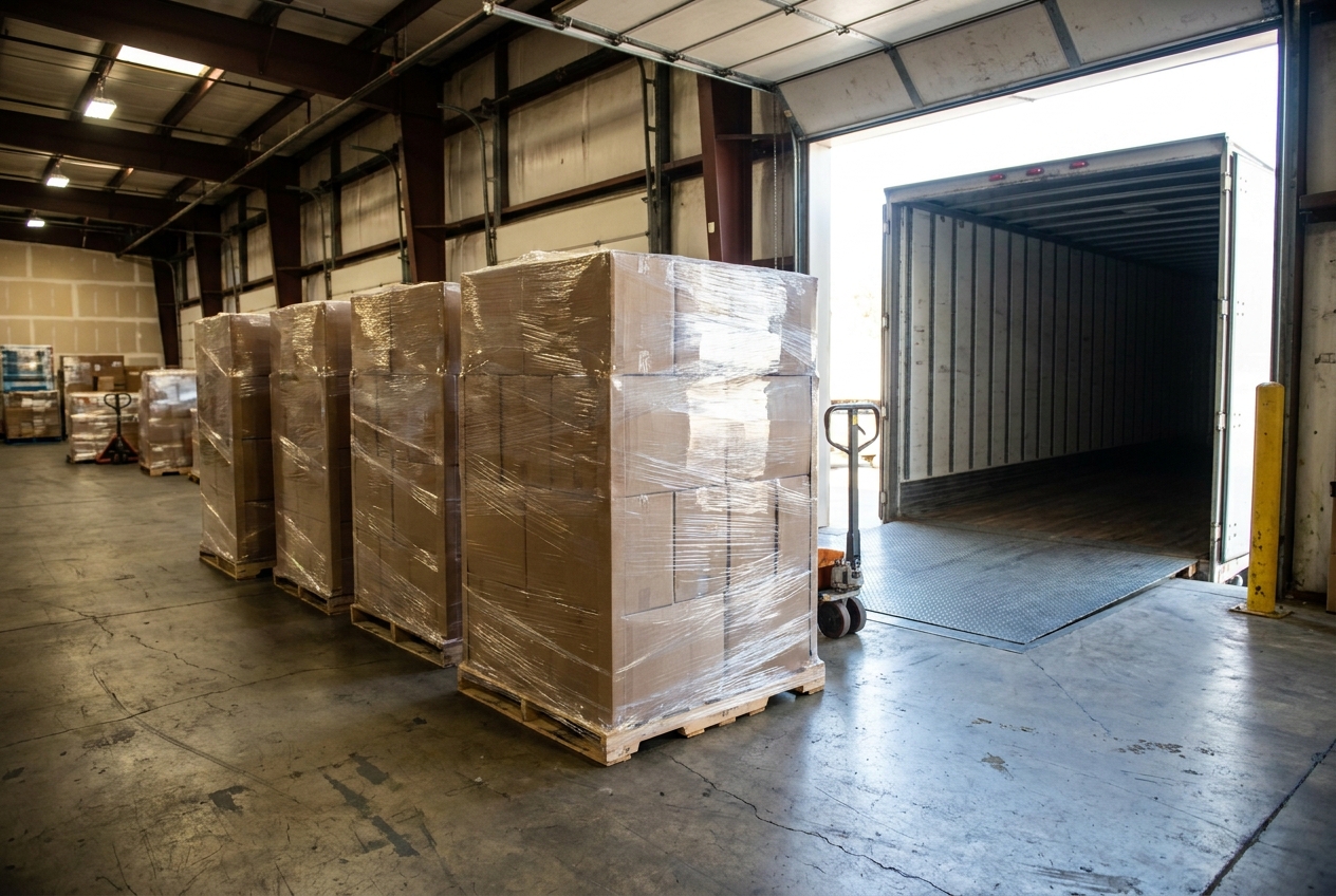Palletized LTL freight from several suppliers staged at a consolidation warehouse dock before loading onto one outbound trailer