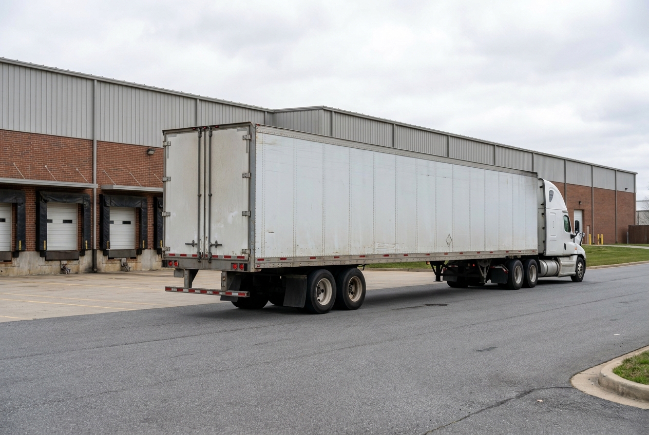 A full outbound trailer loaded with consolidated pallets leaving a distribution warehouse for a single line haul