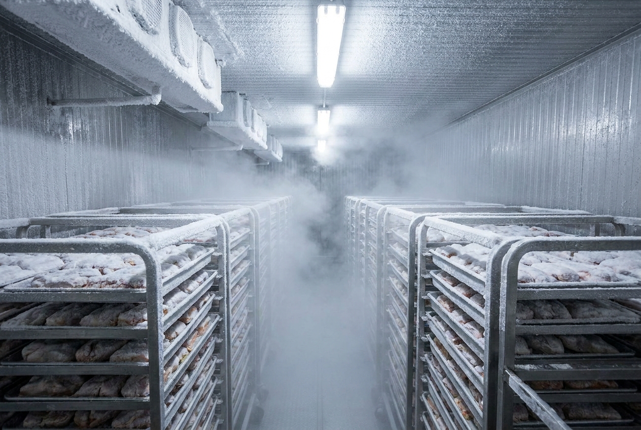 Industrial blast freezer tunnel with stainless steel racks of trays coated in heavy frost and cold vapor in the air