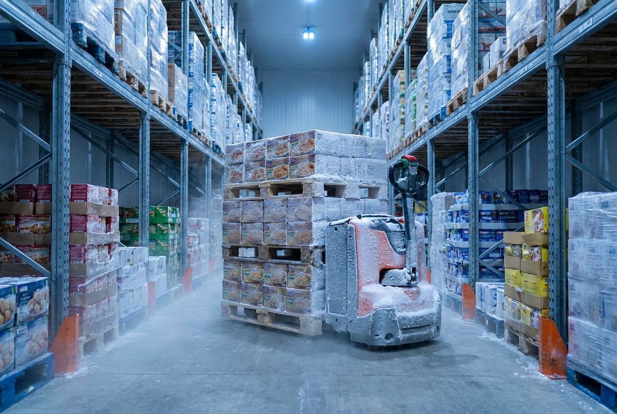 Pallets of frost-covered frozen goods on an electric pallet jack moving across a cold-storage warehouse aisle lined with tall racking