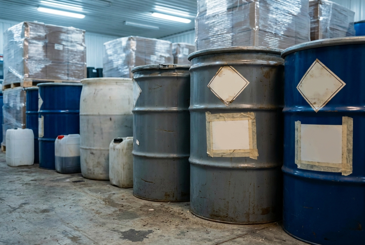 Corrosive and flammable liquid drums with diamond hazard placards staged on a warehouse floor before loading