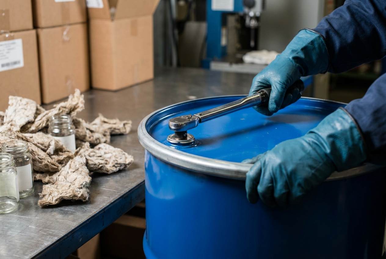 Worker in gloves sealing a UN-specification steel drum with a torque wrench at a hazmat packaging station