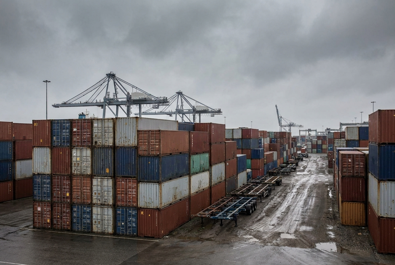 Stacked import containers waiting in a marine terminal yard near ship-to-shore cranes