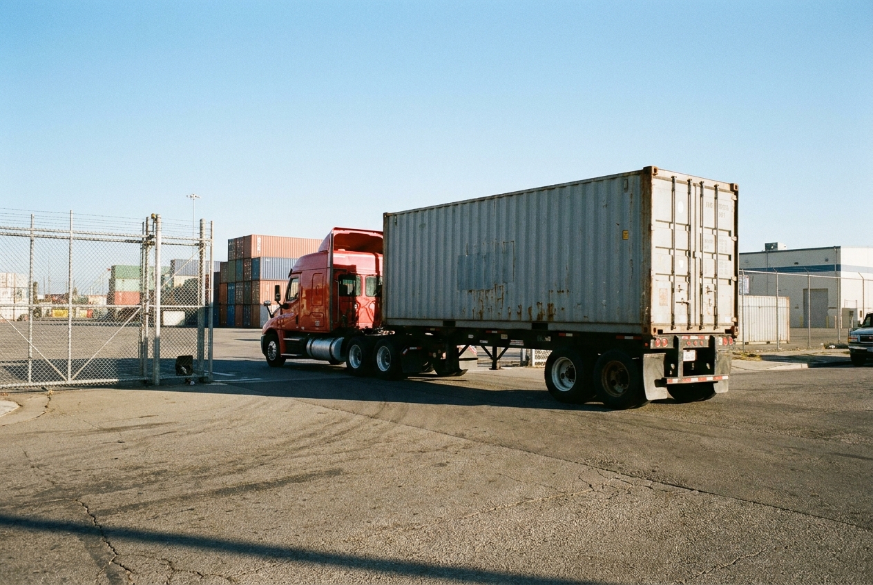 A drayage truck with an import container on a chassis pulling away from a port terminal gate